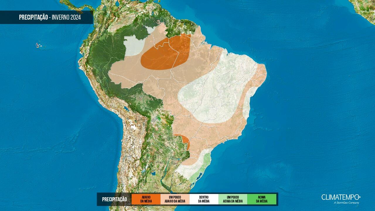 mapa de previsão de chuva durante o inverno de 2024 nas regiões brasileiras